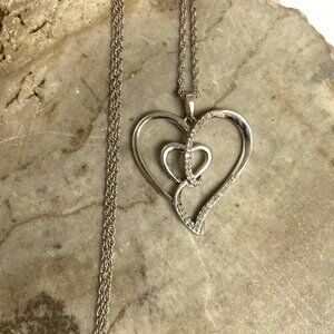 Sterling Silver 925 0.15 CTTW Diamond Heart In Heart Pendant Necklace 18" Chain